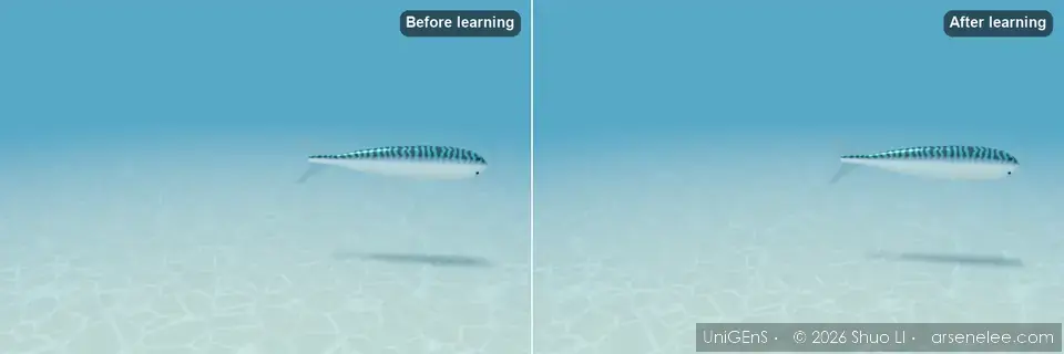 Simulation: a mackerel-like robot fish in 3-D CFD-IBM, left with the hand-tuned steering (misses both target buoys), right with the CMA-ES-trained policy (reaches both); the vortex loops of the wake are computed; floor, lighting, fish skin and buoys are display only
