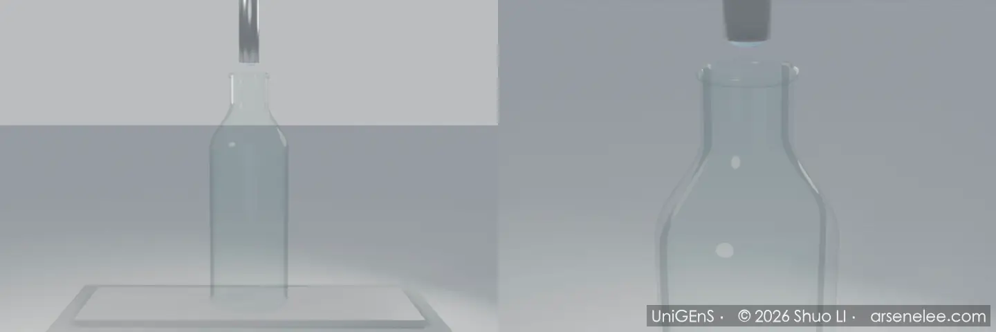 Simulation: a high-speed liquid jet fills a glass bottle; the jet, the splash at the bottom and the rising free surface with entrained bubbles are computed (VOF, bottle walls by IBM)