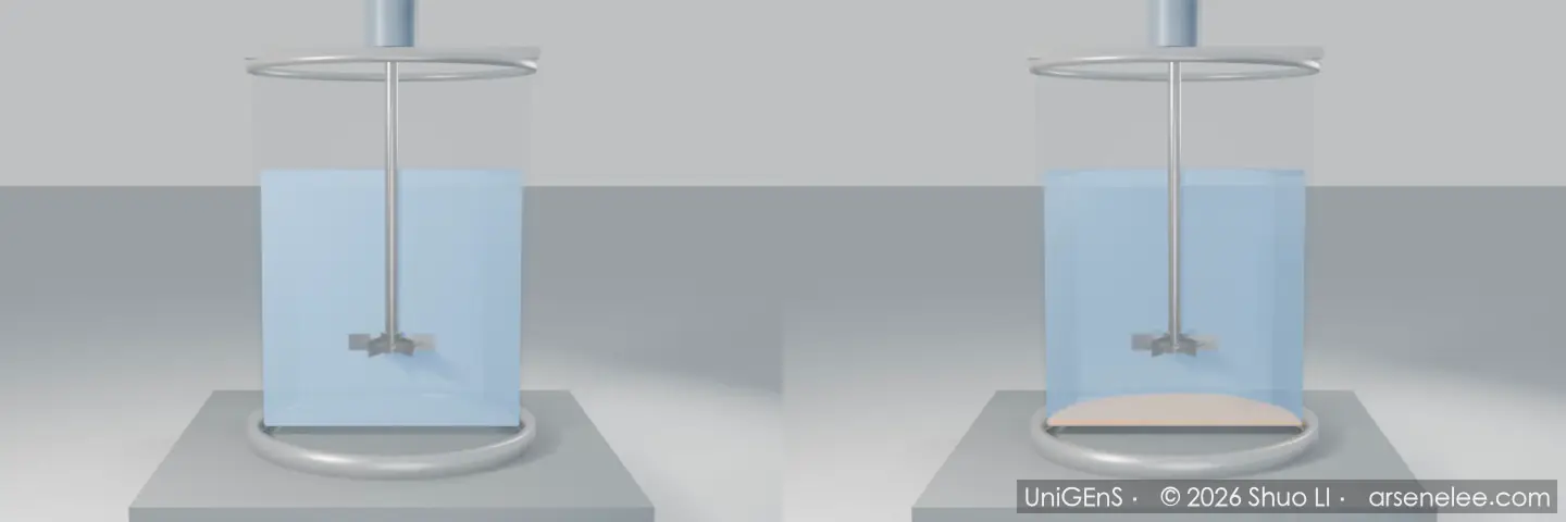 Simulation: a Rushton turbine in an unbaffled tank draws a free-surface vortex down towards the impeller; left, water only (VOF free surface, rotating impeller by IBM); right, the same tank with 2 mm nylon beads (1 vol%, 50,625 DEM grains) lifted off the bottom and carried by the swirling flow; side views