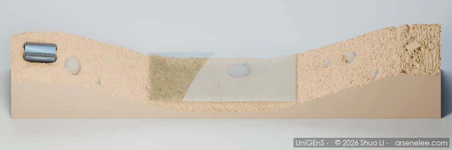 Simulation: a path-following tracked vehicle drives the full route through a sandy river with particle water