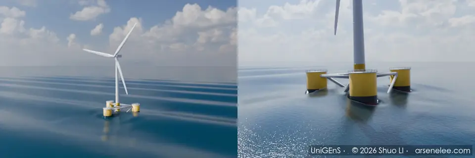 Simulation (played at 3x speed): a moored semi-submersible floating wind turbine responds to regular waves; the free surface around the platform is computed (VOF, the moored platform as a floating rigid body by IBM), the surrounding sea and the sky are display only